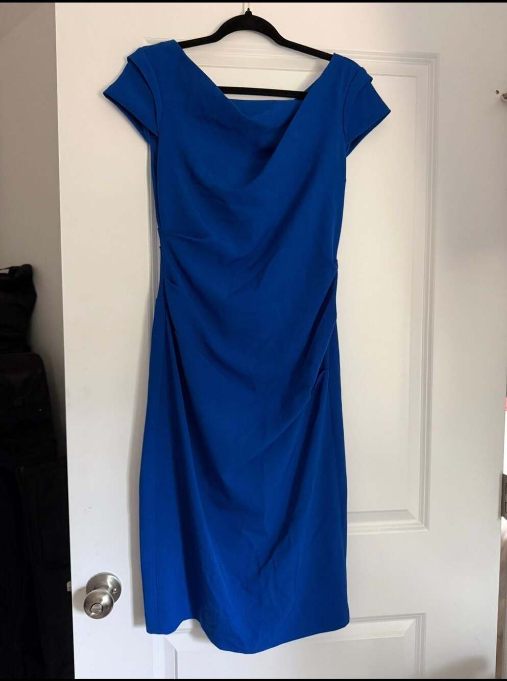 Adrianna Papell Ruched Matte Stretch Crepe Sheath Dress in Royal Blue